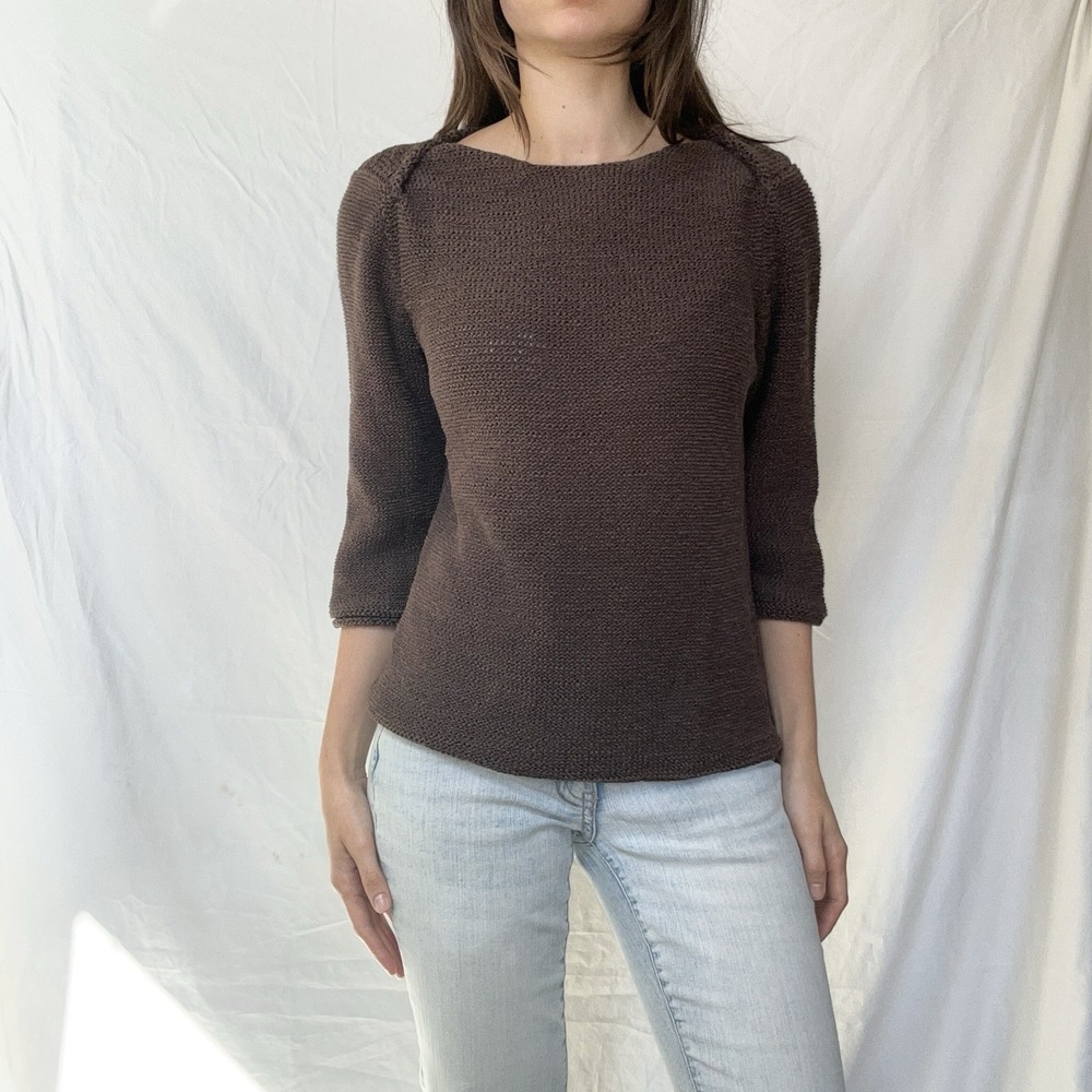 J Jill Tape Knit Boat Neck Sweater Brown Quiet Luxury Parisian Coastal